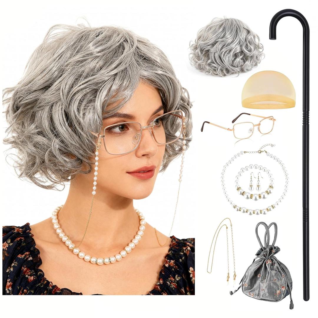 RIOSO Old Lady Costume for Women Granny Grey Wig Adult Outfit for Woman Old Grandma Costumes