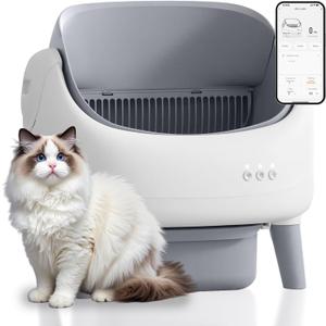 Open-Top Self Cleaning Litter Box, Automatic Litter Box with Dual Safety Sensors, Anti-Pinch Protection, Large Capacity, APP Control, White-Grey