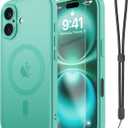 Janmitta Magnetic for iPhone 16 Case,with Screen Protector+Wrist Strap,Compatible with MagSafe,Camera Protection,Military Grade Drop Protection,Slim Translucent Matte Phone Cover,Turquoise