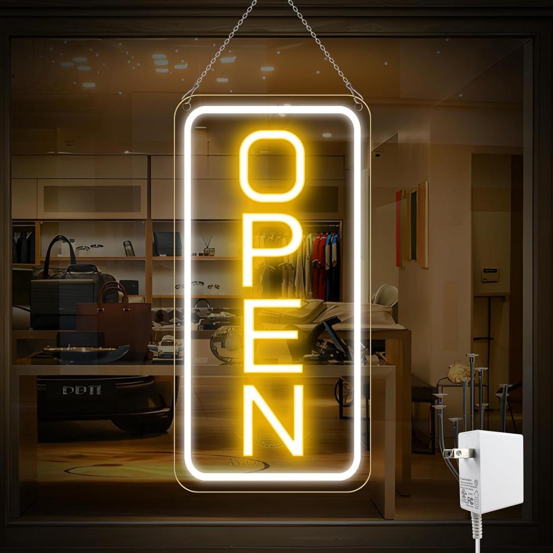 22.8"x 11.8" Ultra Bright 12V Neon Open Sign for Business, LED Open Neon Sign, Electric Light up Signs for Stores, Restaurants Offices Retail Shops Window (Yellow-White-Vertical)
