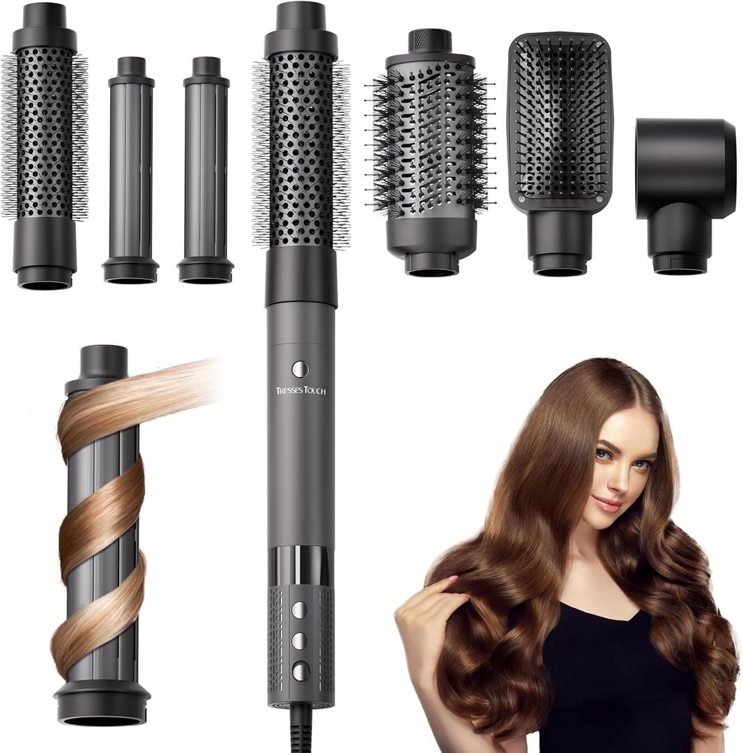 6 in 1 Blow Dryer Brush Set, Powerful Hair Dryer Brush with Auto-Winding Curl L/R, Fast Drying, Smooth Blowouts, Root-Lift Volume, No Heat Damage Frizz-Free Thermal Brush, Hot Air Styler for Travel