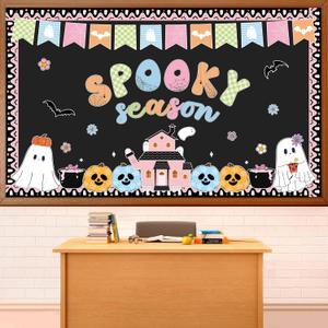 Halloween Ghost Bulletin Board Decorations Boho Halloween Classroom Decoration Groovy Spooky Season Paper Cutouts with Pumpkin Spider Bat for Holiday School Library Classroom Chalkboard Wall Decor