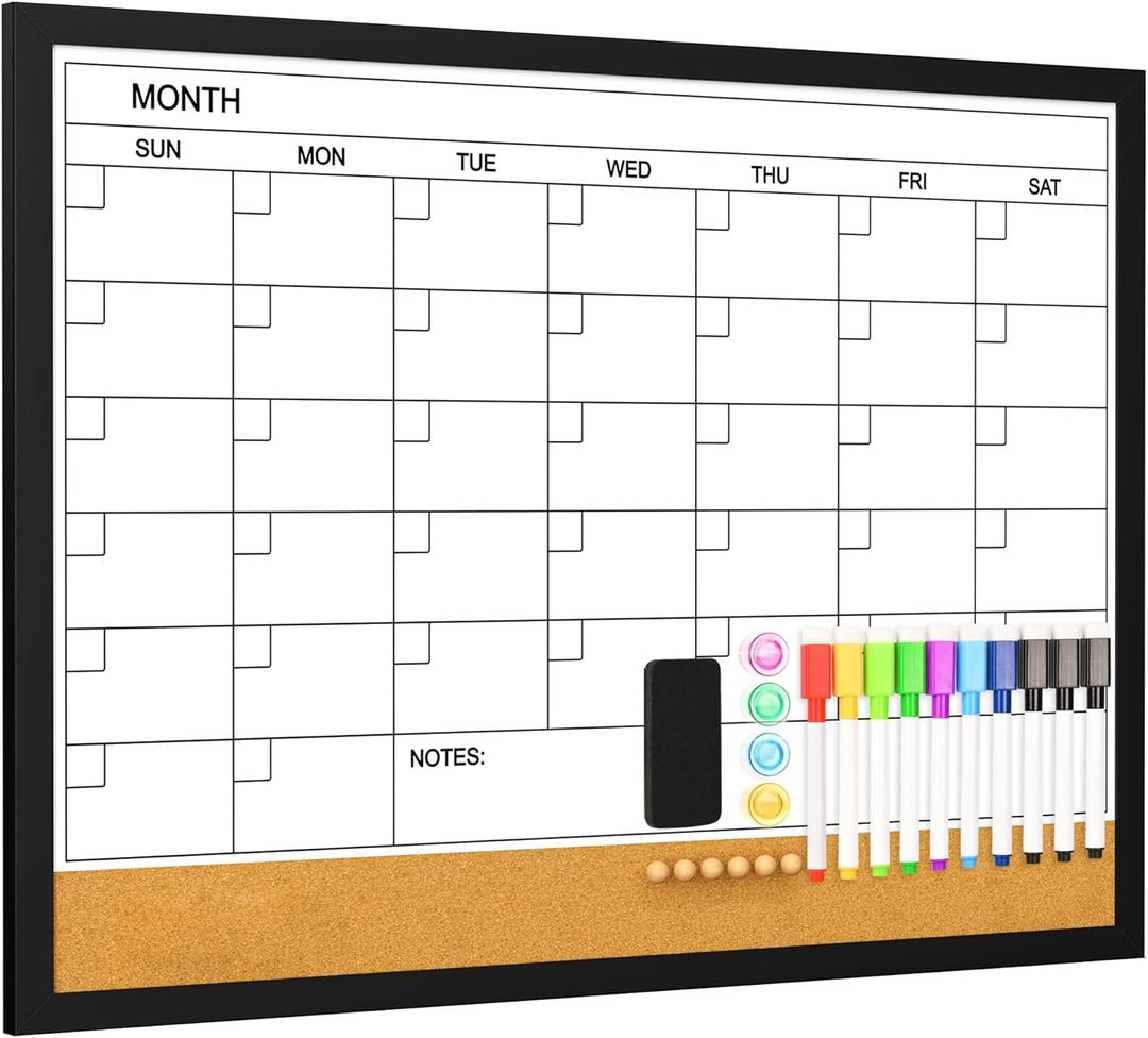 Large Monthly Whiteboard Calendar with Cork for Wall, 24" x 18" Dry Erase Board with Wooden Framed, Hanging Dry Erase Calendar for Home, Office, School (Black)