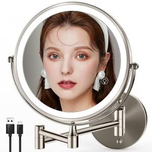 8.5 Inch Rechargeable Wall Mounted Makeup Mirror Brushed Nickel, Double Side Dual-Touch 1X/10X Magnifying Mirror with Light, 3 Color Lights 360Swivel Extendable Bathroom Mirror