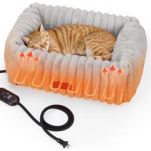 Heated Cat Bed Indoor, Pet Bed with 6 Temperature & 5 Timer Settings, Fluffy Cat Couch with Removable Machine-Washable Cover for Dogs Kitten Puppy in Winter, UL & FCC Certified, Small, Grey (S-22"x14")