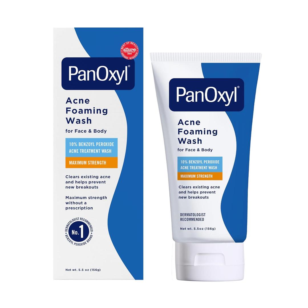 2 x PanOxyl 10% Benzoyl Peroxide Acne Foaming Wash, Maximum Strength, Daily Acne-Fighting Face and Body Cleanser, Face Wash to Clear, Treat and Prevent Acne Pimples and Stubborn Breakouts, 5.5 Oz Tube