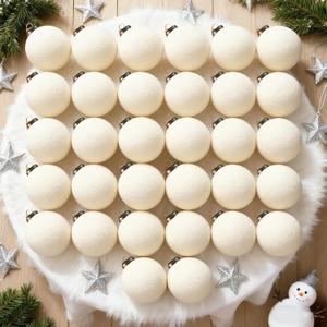 32 Pcs Velvet Christmas Tree Ornaments Balls with Velvet Ribbon Christmas Tree Hanging Decorations Neutral Flocked Balls Bulk for Xmas Home Indoor (White)