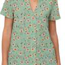 2025 Womens Summer Tunic Tops Casual Dressy V Neck Blouse Loose Fit Short Sleeve T Shirts(Large,Green Daisy)