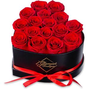 GLAMOUR BOUTIQUE 16 Flower Forever Heart Shape Box, Eternal Preserved Roses Gift for Her, Lasting Flowers, Romantic Floral Keepsake for Birthday, Anniversary or Valentines Day, Red (Color-Treated)