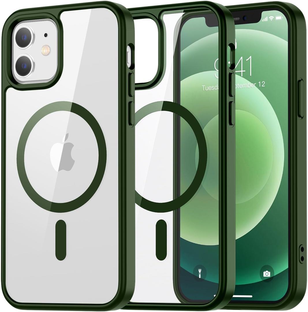 SUPFINE Funda magntica para iPhone 12, iPhone 12 Pro, compatible con MagSafe, parte trasera dura transparente con proteccin contra cadas de grado militar de 12 pies, a prueba de golpes, verde