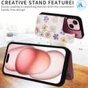 UEEBAI Wallet Case for iPhone 15 with Card Holders, PU Leather Cover Kickstand RFID Blocking Double Magnetic Clasp Rilievo Flower Shockproof Flip Case for Women Girls - White Daisy