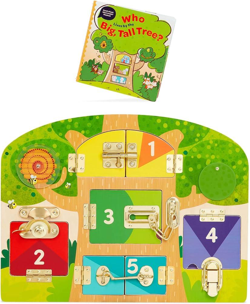 Battat Education Knock-Knock Who's Inside? Lock & Latch Board Wood Puzzle