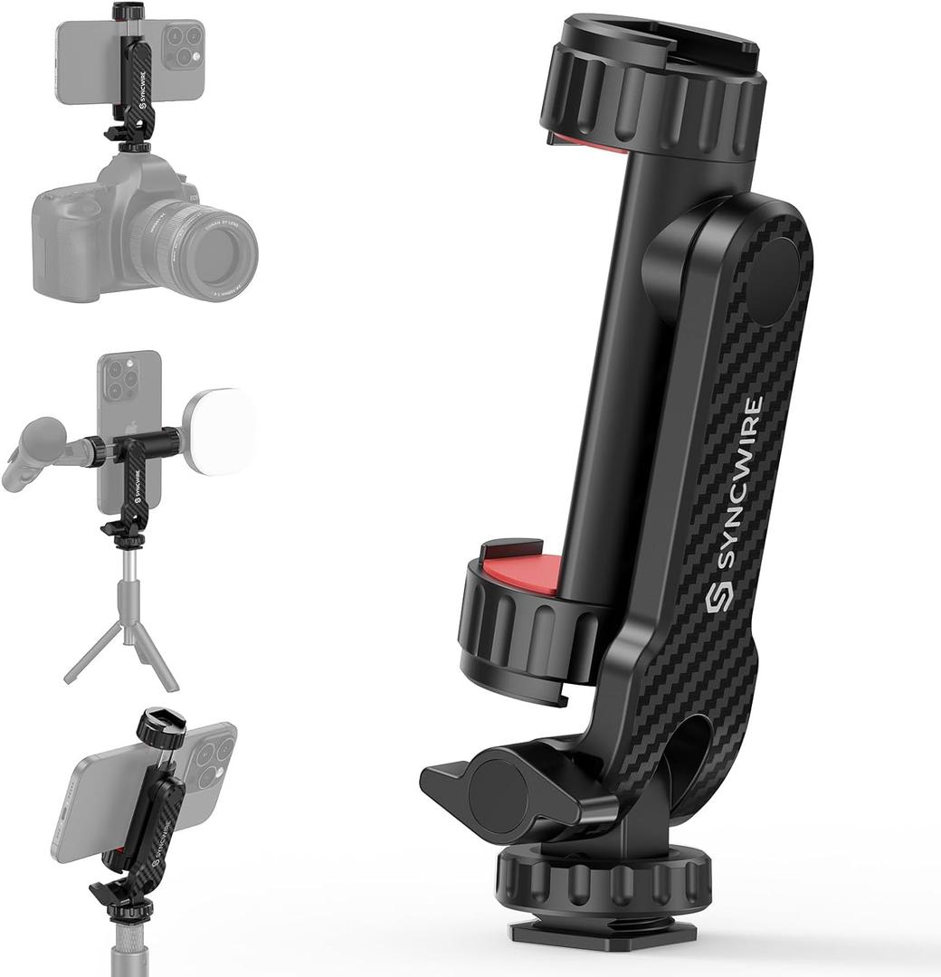 SYNCWIRE Tripod Phone Mount, Universal Smartphone Mount Adapter with 2 Cold Shoe and 1/4" Screw, 360 Rotates and 180 Tilts Adjustable Cell Phone Clamp Holder for Enhancing Mobile Photography Setup