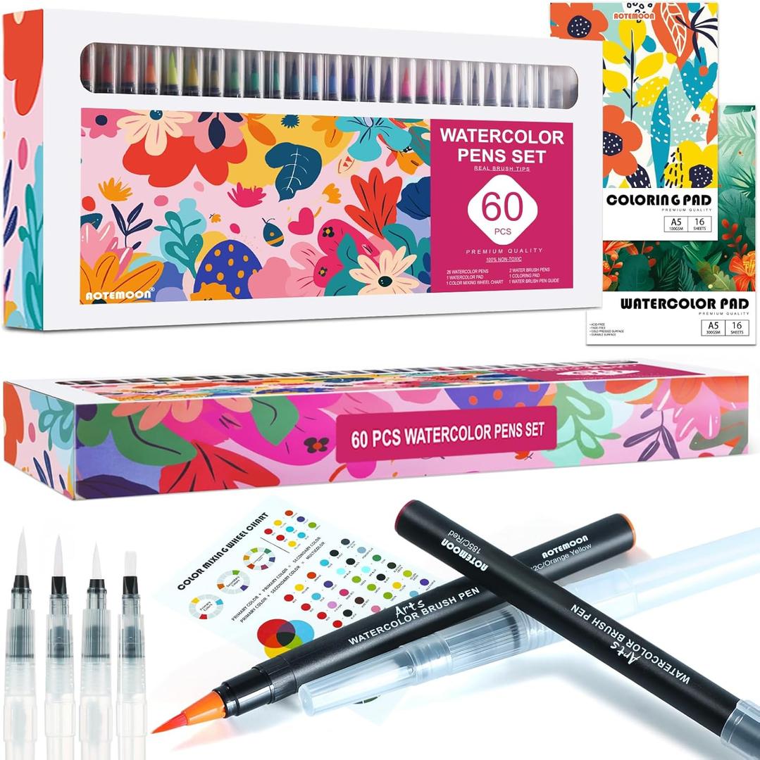 60 Watercolor Pens Set Includes 52 Vivid Colors, Real Brush Tips Paint Markers Set with 4 Blender Pens, Watercolor Pad and Coloring Pad, Art Supplies Gifts for Beginners Young Artists and Adults