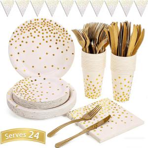 White and Gold Party Supplies 145PCS Disposable Party Dinnerware Paper Plates, Napkins, Knives, Forks, Cups, Banner, for New Year Eve 2026, Bridal Shower, Wedding, Birthday, Serves 24
