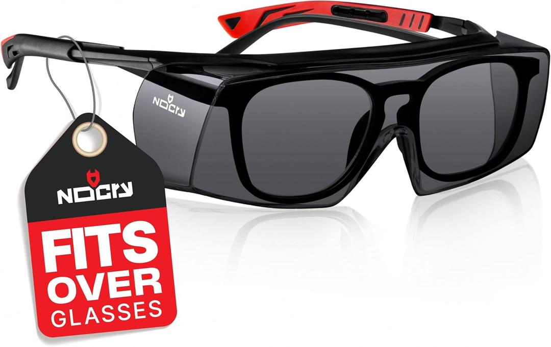 NoCry Tinted Safety Glasses Over Eyeglasses for Men and Women with Anti Scratch Wraparound Lenses  UV400 and ANSI Z87 Certified  Adjustable Temples with Anti-Slip Tips  Great for Shooting (Tinted Black & Red)