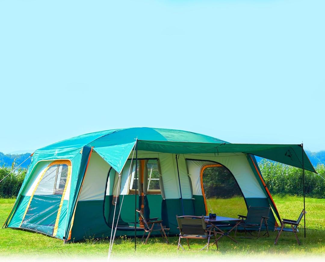 KTT Extra Large Tent 14 Person,Family Cabin Tents,2 Rooms,3 Doors and 3 Windows with Mesh,Straight Wall,Waterproof,Double Layer,Big Tent for Outdoor,Picnic,Camping,Family Gathering