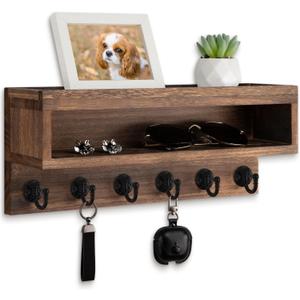 Key and Mail Holder Wall Mount, Key Hanger with Long Storage Box and 6 Hooks for Coat, Dog Leash, Home Decor Rack, House Accessories, Entry Way Organizer (Brown)