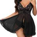 Foxiny Sexy Ruffle Sheer Mesh Lace Wireless Babydoll Lingerie Dress with Thong 2 Piece (Large, Black)