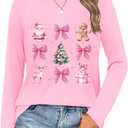 Christmas Shirts for Women Retro Pink Santa Vintage Cute Christmas Tree and Bow Graphic Xmas Vacation Tees Top (Pink, M)