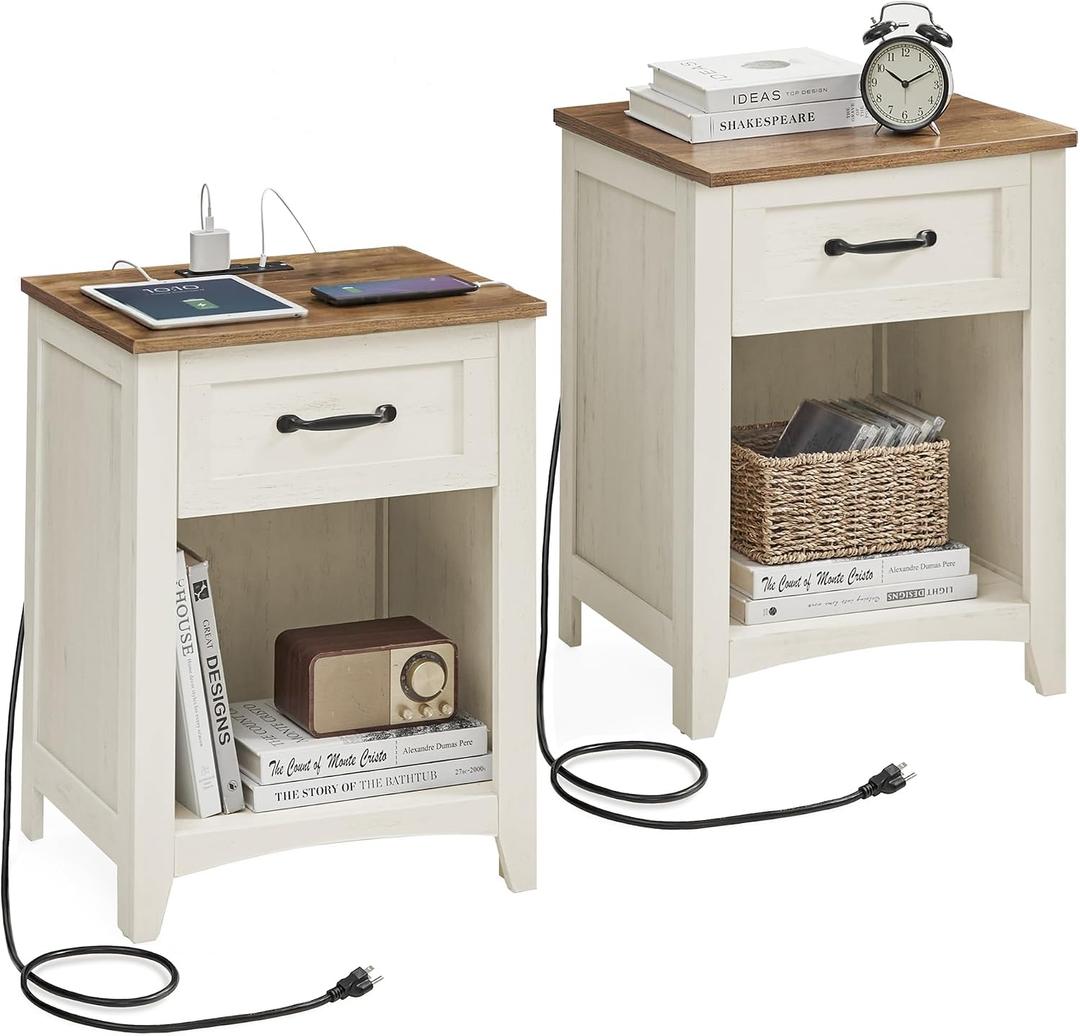 VASAGLE LIRY Collection - Farmhouse Nightstands with Charging Station, Set of 2 Bedside Tables, Side Tables with Drawer, Open Compartment, for Bedroom, Rustic White and Honey Brown ULET859K41