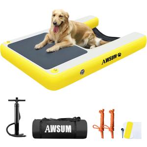 AWSUM Inflatable Dog Water Ramp 4ft x 3.3ft Dog Boat Ramp Floating for Dogs Up to 180LBS On Water Float Ladder Steps for Pool, Dock, Lakes, Yellow