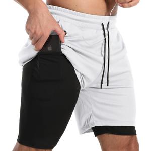 JWJ Men's Running Athletic Workout Sports Mens 2 in 1 Shorts Breathable Gym Short for Men with Pocket (White, XXL)