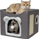 Cat Houses for Indoor Cats, Large Cats Bed Cave, Kitten Cube Box,Cat Condo with Scratching Pad, Hanging Fluffy Ball & Peekaboo Window, Foldable Hideaway Hand-Washable(16x16x13.3 Inches,Grey)
