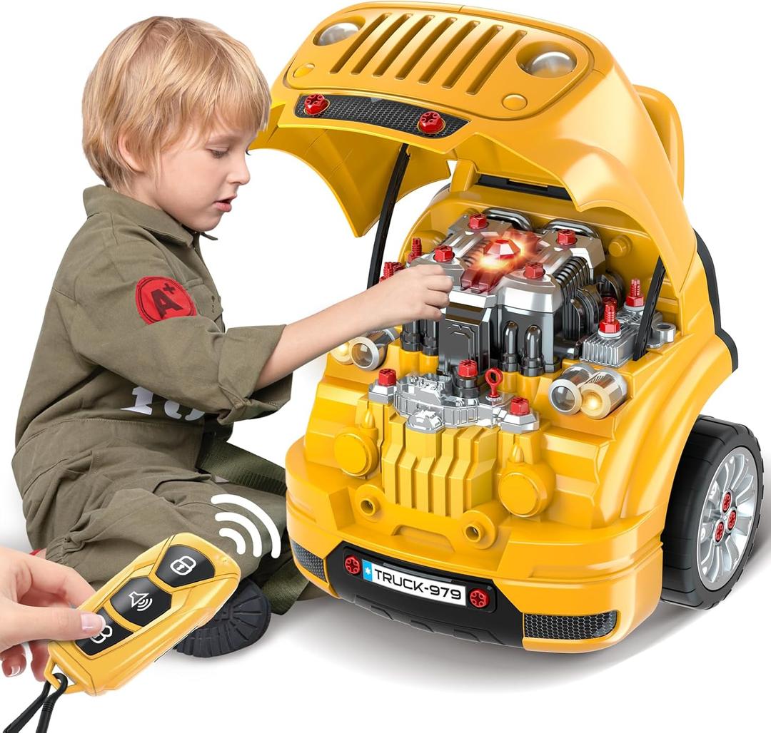 SpringFlower Toys Gifts for 3 4 5 6 7 8 Years Old Boys, Large Truck Engine, Mechanic Repair Set for Kids, Big Truck Builder Kit, Take Apart Motor Vehicle Play Car Service Station, for Kids (Yellow)