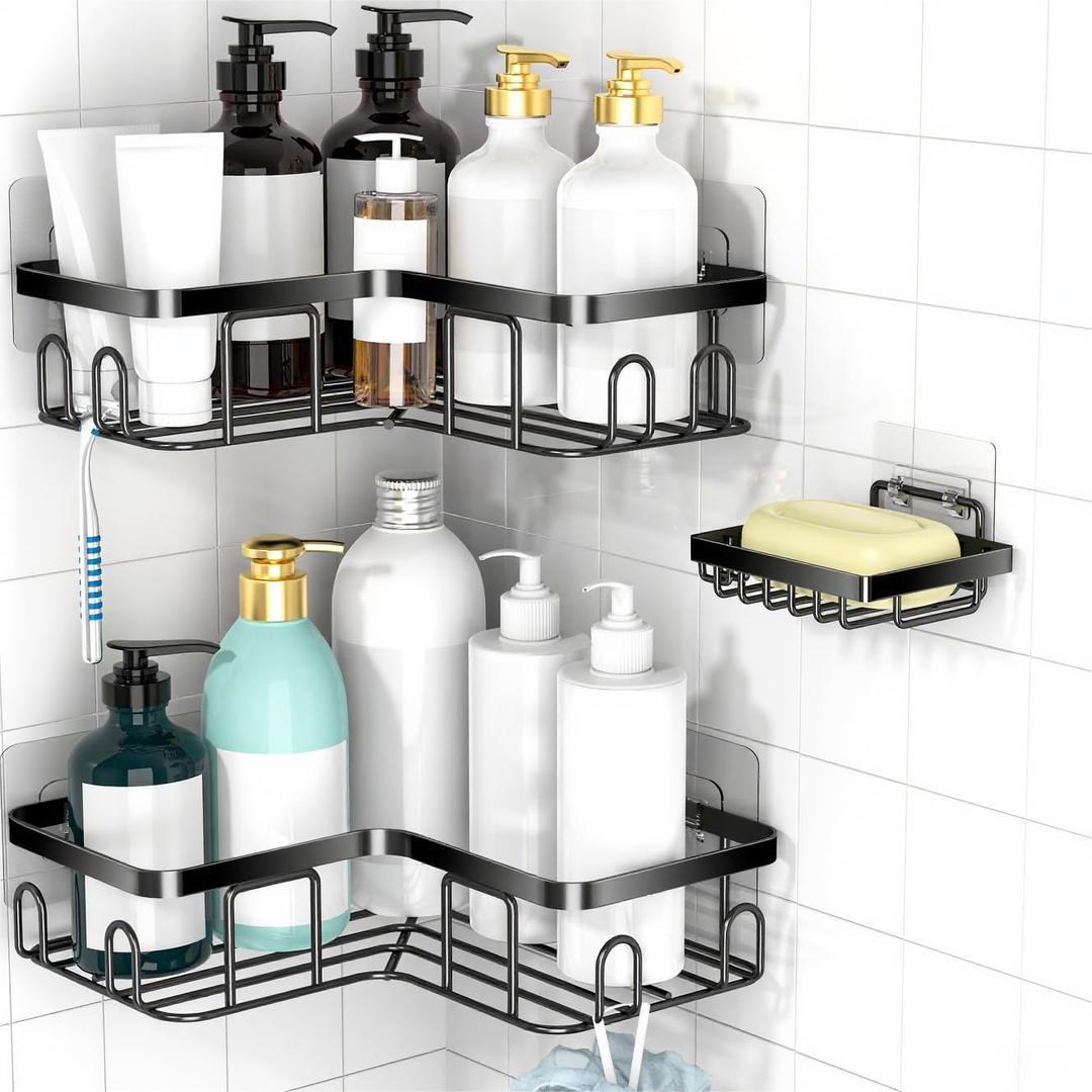 Moforoco Corner Shower Caddy Shelf Organizer Rack, Self Adhesive Black Bathroom Shelves Basket, Home Wall Shower Inside Organization and Storage Decor RV Accessories, First Apartment Essentials