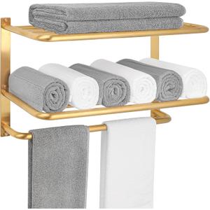 Towel Rack for Bathroom, DEWVIE 23 Inch Tower Holder with Tower Bars, SUS 304 Stainless Steel Lavatory Bath Towel Shelf Towel Hanger Wall Mount, 3-Tier (Brushed Gold)