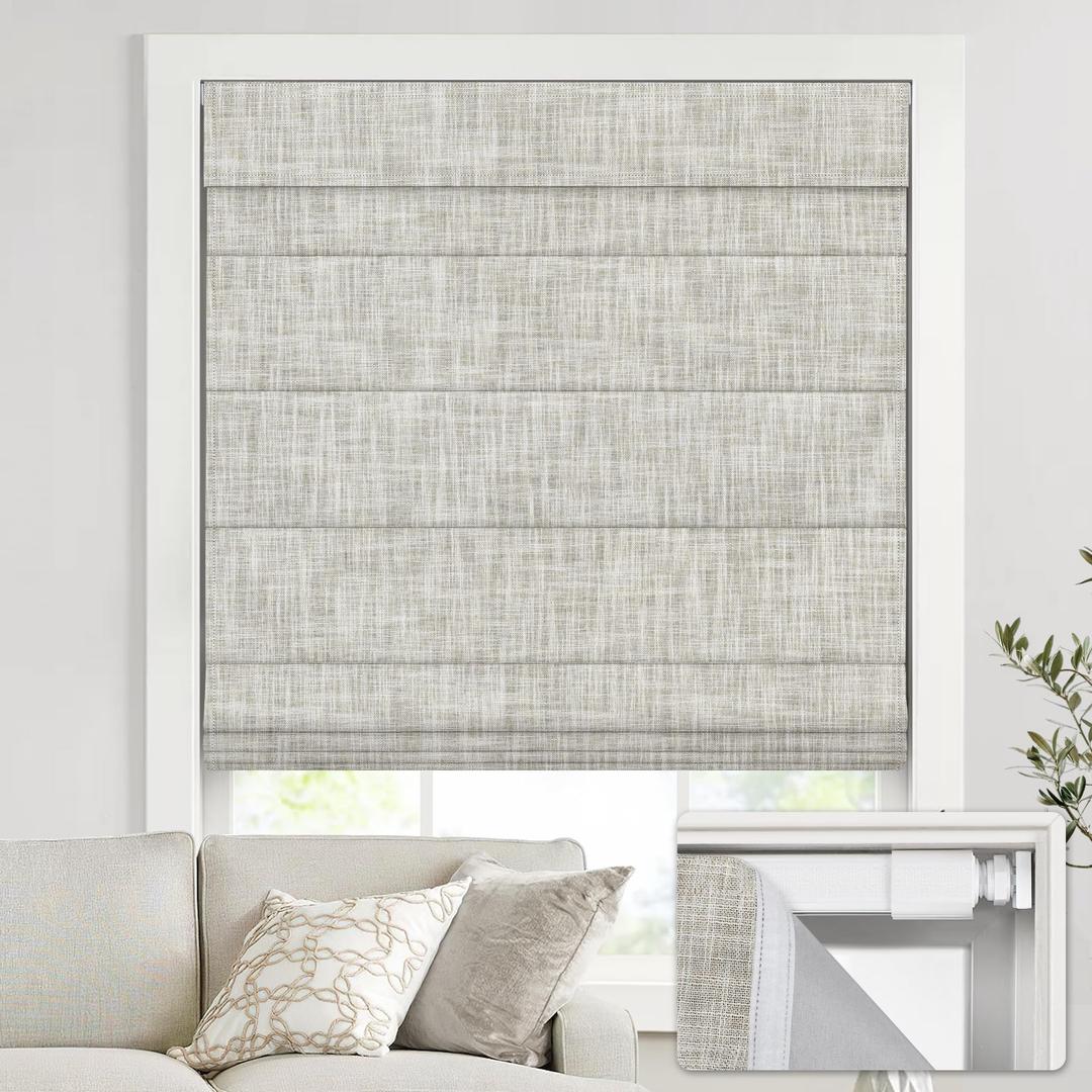 UNISHADES no Drill Cordless Roman Shades for Windows, 30" W 64" H - 100% Blackout - Linen - Beige