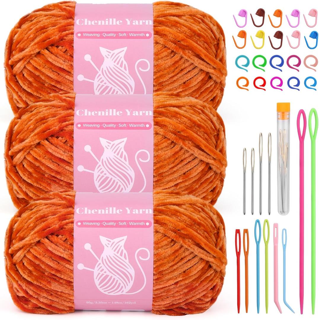 LUNARM Chenille Velvet Yarn for Crocheting Knitting, Soft Yarn for Making Blankets Clothes - 3 * 3.35oz, 3 * 162yds (Orange)