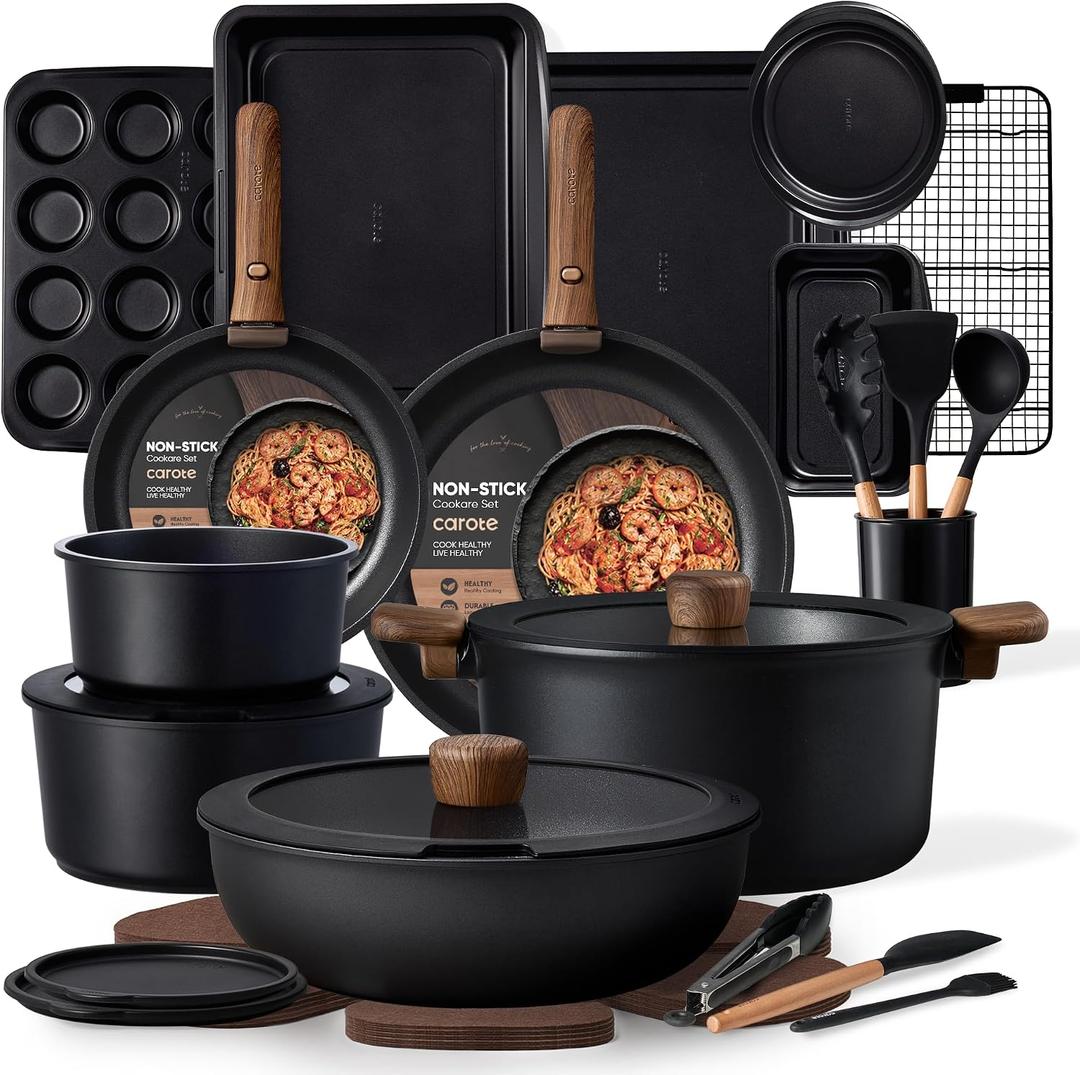 CAROTE 31pcs Pots and Pans Set Non Stick, Cookware Set Detachable Handle | Baking Pans Set, Induction Compatible, Dishwasher & Oven Safe, Space Saving, Camping Cooking Set, Kitchen Set, Black, 31 Piece