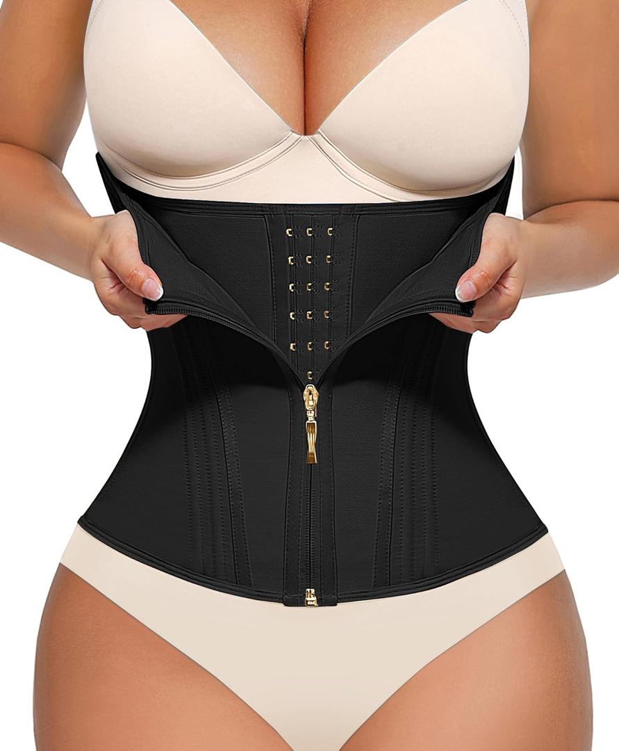FeelinGirl Waist Trainer for Women Tummy Control Corset Waist Cincher Body Shaper Sport Workout Fajas Postpartum Zipper (X-Small, Black)