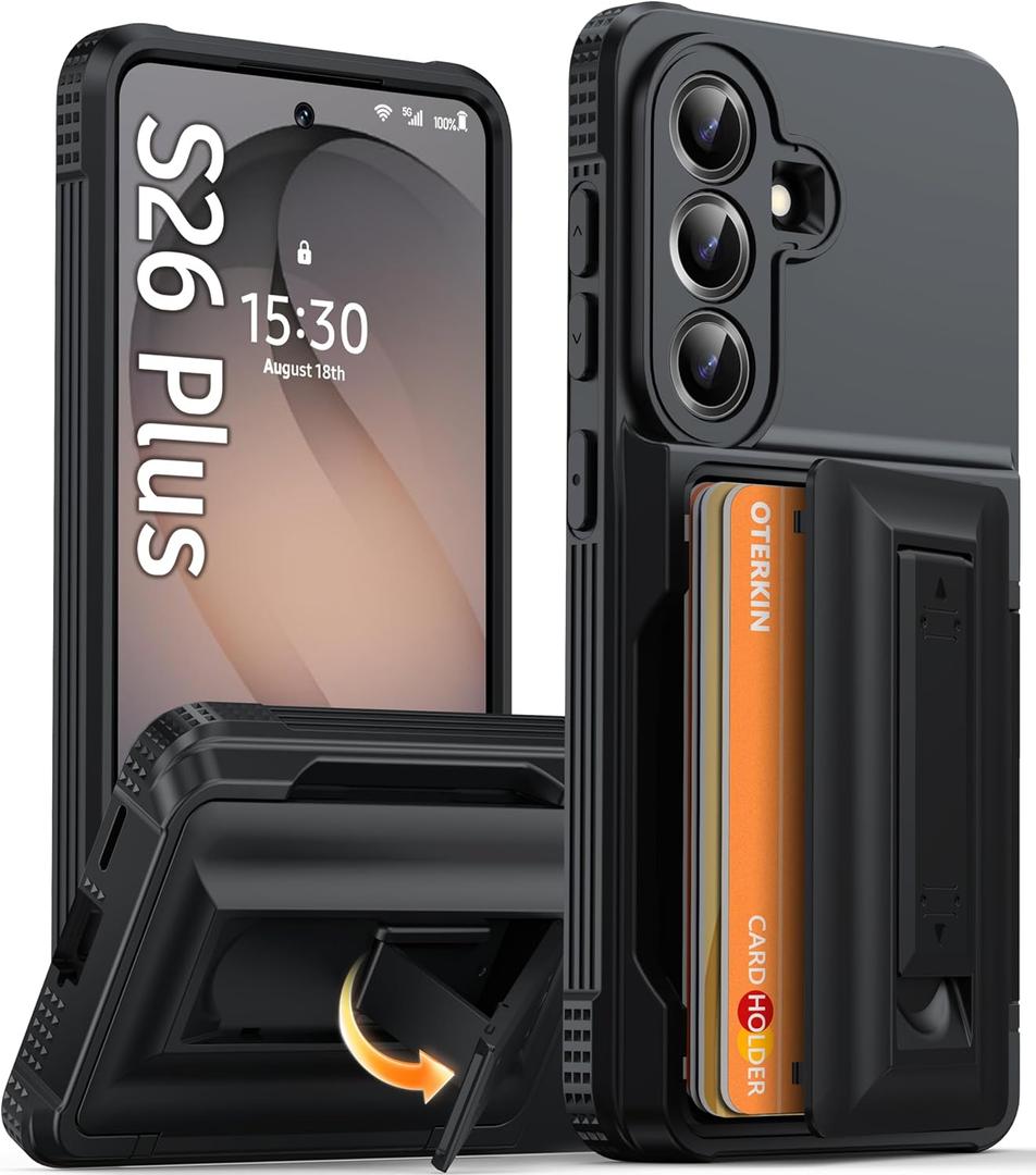 Oterkin for Samsung Galaxy S26 Plus Wallet Case [4-5 Card Holder] [Kickstand] [RFID Blocking] [Full Camera Protection] [Military Grade Protection] Shockproof Rugged Phone Case for S26 Plus, Black