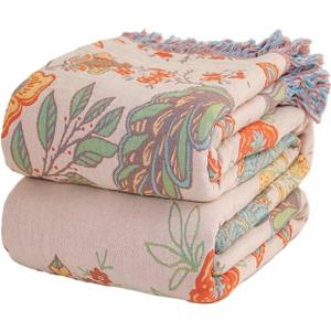 Boho Throw Blanket for Bed 100% Cotton Bohemian Blankets Ultra Soft Woven Muslin Decorative Blankets All Seasons Vintage Quilt Knitted Blanket for Sofa Chair(Orange, 80"x90")