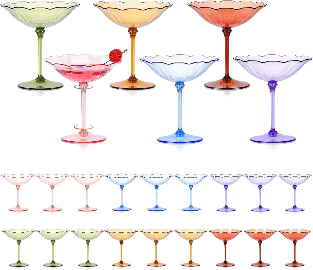 24 Pcs Colorful Plastic Martini Glasses 7oz Flower Cocktail Coupe Glasses 6 Color Disposable Martini Cup Vintage Detachable Dessert Parfait Glassware for Wedding Birthday Bachelorette Party