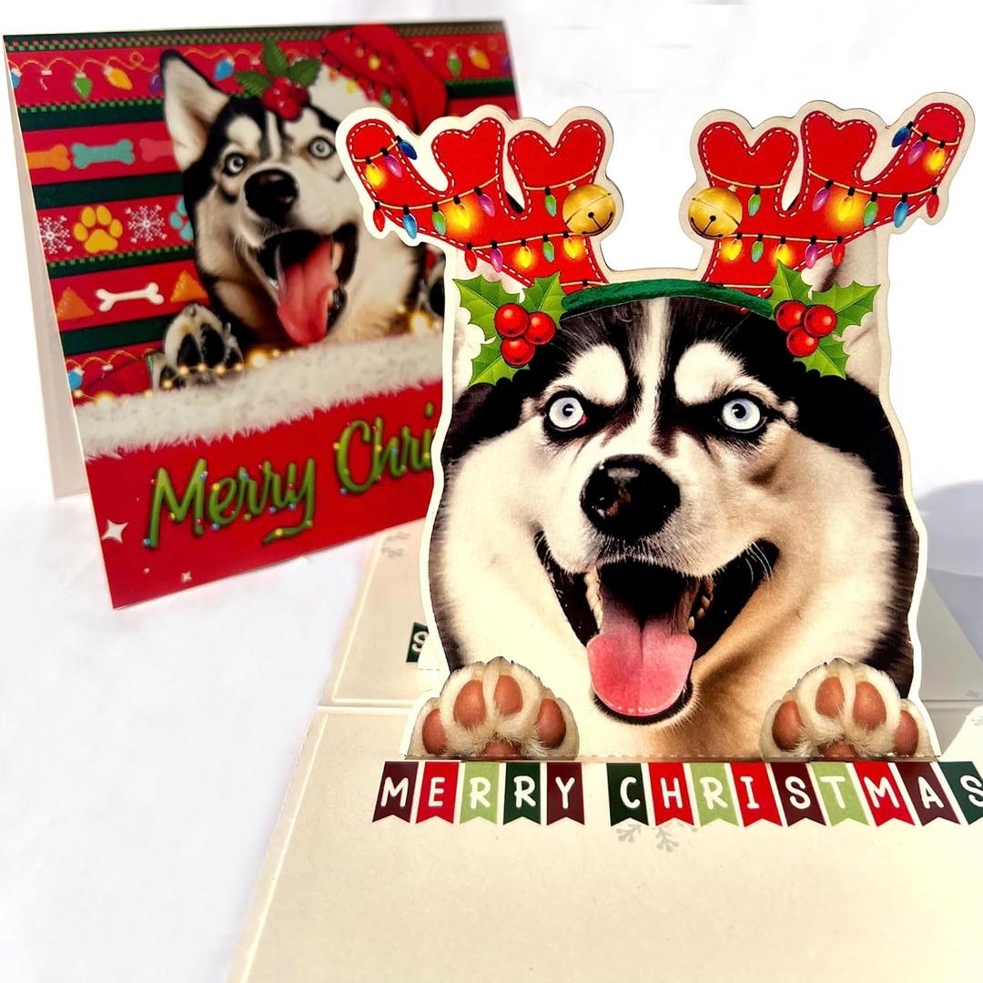 Husky Christmas Pop Up Card  3D Holiday Greeting Card Featuring Adorable Husky Dog with Festive Reindeer Antlers, Perfect for Dog Lovers, Unique Christmas Gift Card for Friends and Family