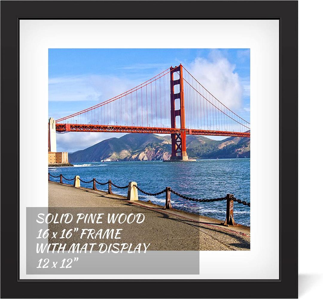 16x16 inch Wood Picture Frame for Wall Hanging Square Photo Frames with Mats 12x12 inch Pictures for Baby Scan,Poster,Decoration,Anniversary,Wedding,Christmas,Diamond Painting(Black)