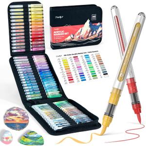 JusArt 48 Colors Acrylic Paint Markers with Canvas Bag, Water-Based No-Bleed Paint Pens with Automatic Ink Control, Waterproof Brush Tip Markers for DIY Art & Crafts -Eggs, Fabric, Rock, Glass, Metal