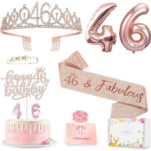 Awfrky 46th Birthday Decorations for Her Women, Including 46 year old Birthday Cake Topper, Queen Sash with Pearl Pin, Sweet Rhinestone Tiara Crown, Number Candles and Balloons Set, Rose Gold