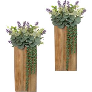 Wood Wall Planters 2 Pack with Artificial Greenery Plants - Pocket Wall Vases for Dried Flowers - Wood Wall Decor Hanging Planters for Living Room, Bedroom, Home Decor - Brown