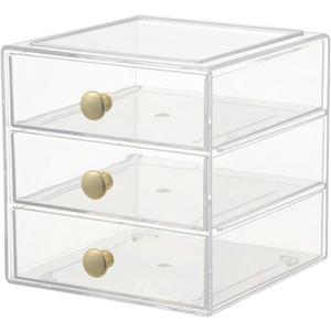 AJIODA Makeup Drawer Organizer Box with 3 Drawers, Acrylic Cosmetic Display Case Vanity Organizer Jewelry Storage Box Stackable Storage for Cosmetics, Skin Care, Bathroom, Countertop, Gold Handle