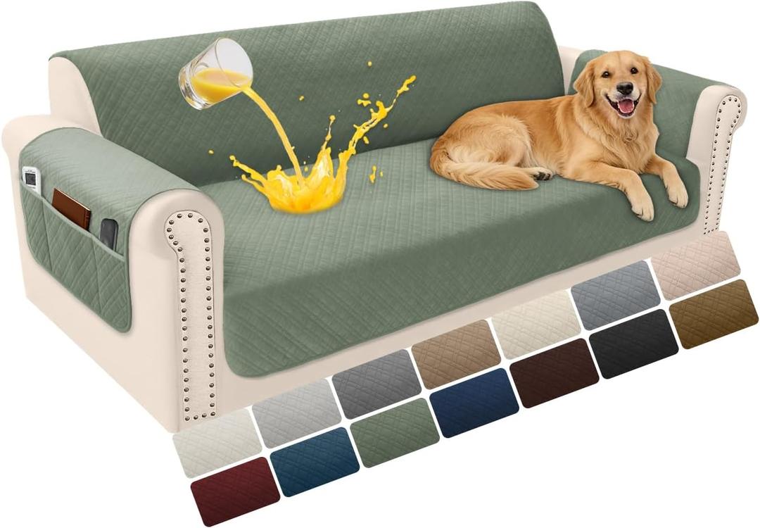 Velvet 100% Waterproof Couch Cover for Dogs Washable Sofa Covers for 3 Cushion Couch Pet Friendly Sofa Slipcovers Set Non Slip Quilted Furniture Protector with Pockets (Large, Sage)