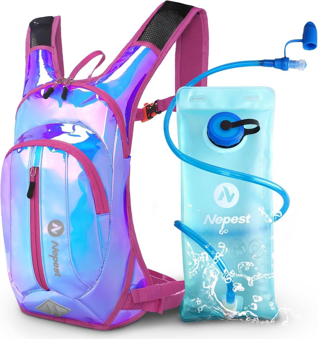 Nepest Hydration Pack Backpack for Women & Men, Lightweight Water Backpack with 2L Water Bladder for Hiking Cycling Running Biking (Holographic - Pink)