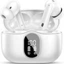 Wireless Earbuds, Bluetooth 5.4 Headphones Bass Stereo, Ear Buds with Noise Cancelling Mic, LED Display in Ear Earphones Clear Calls, IP7 Waterproof Bluetooth Earbuds for Phones/Sports/Laptop, White