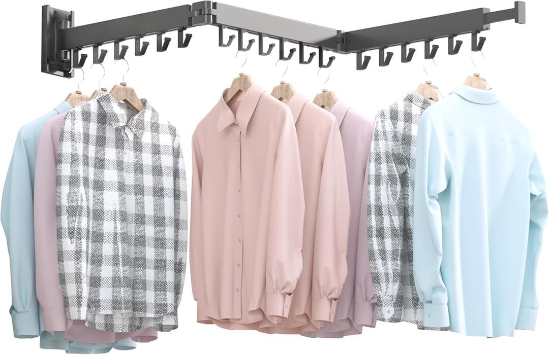 BOQORAD Drying Rack Clothing, Clothes Drying Rack Wall Mounted,  Collapsible Hanging Racks for Laundry, Laundry Drying Rack, Wall Mounted Clothes Rack(31.5"-White) (Black-Hooks, Tri-Fold)