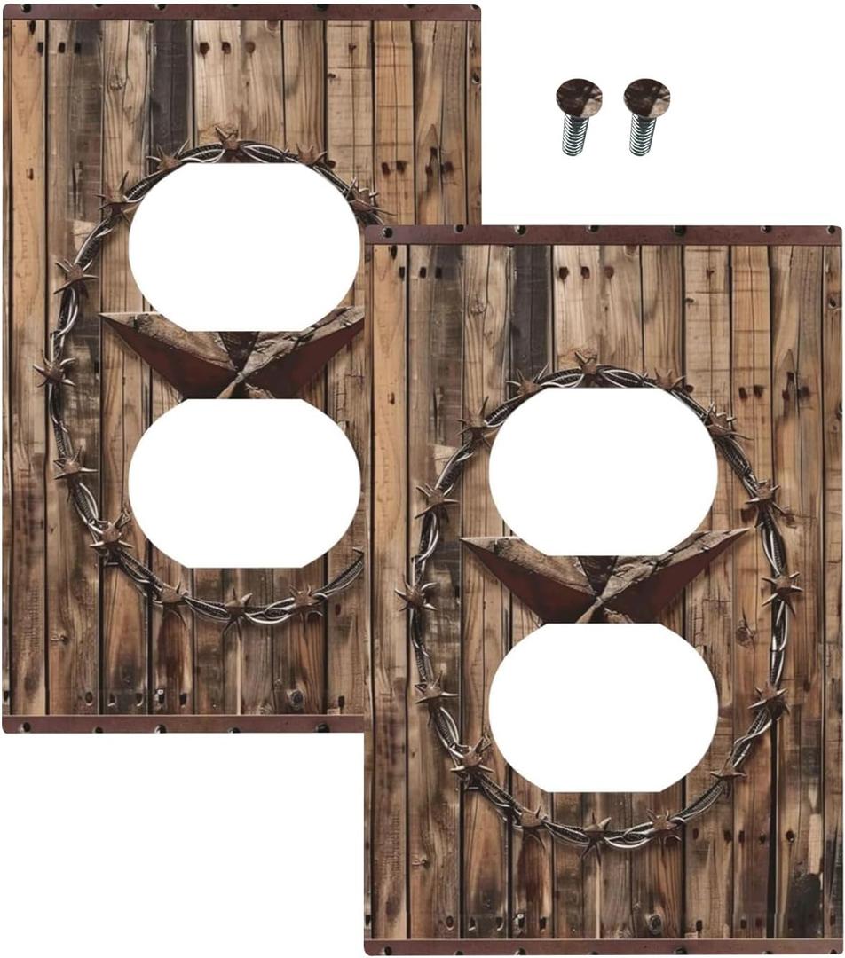 Outlet Covers Rustic Star Western Cowboy Wood 1 Gang Duplex Light Switch Cover Plate Decorative Wall Plates Electrical Switchplate Receptacle for Farmhouse Home Decor2 Pack