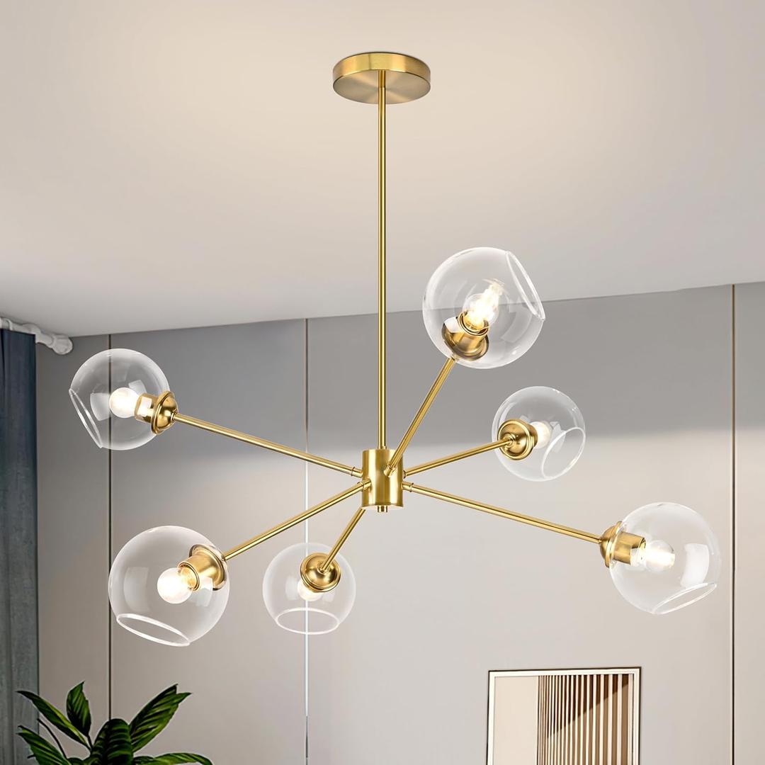 KoKo&Yukina 6-Light Globe Sputnik Chandelier Modern Gold Sputnik Chandelier Mid Century Pendant Light Gold Finished with Clear Globe Glass Lampshade Chandeliers for Dining Room Kitchen Bedroom